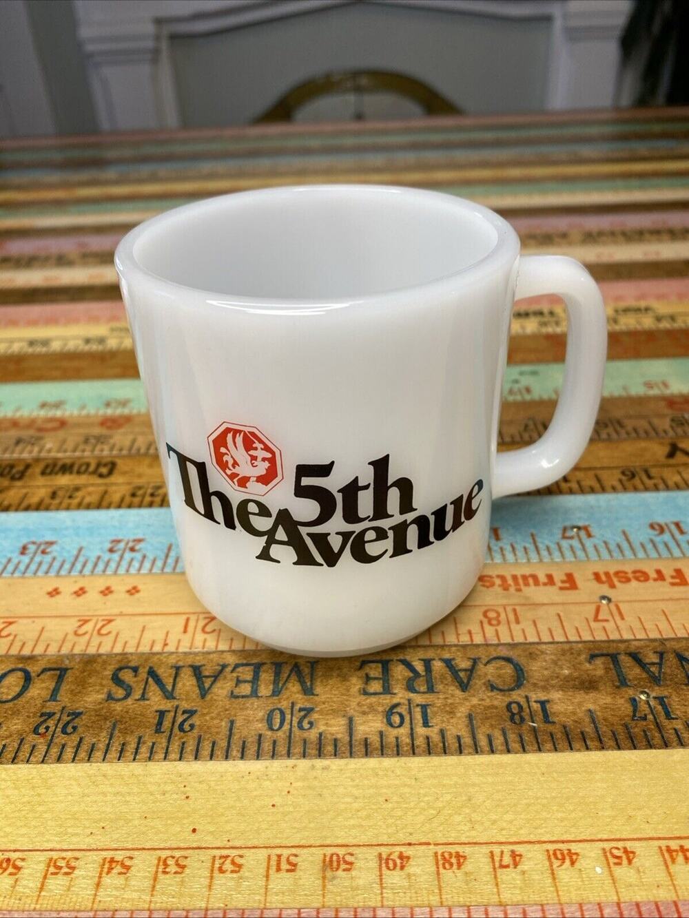 Vintage‎ Glasbake Milk Glass Coffee Mug Cup The 5th Avenue Made In USA